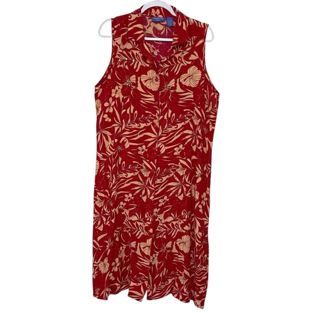 Paradise Bay Hawaiian Midi Dress Sequins Beads Floral Sleeveless Red Size 1X